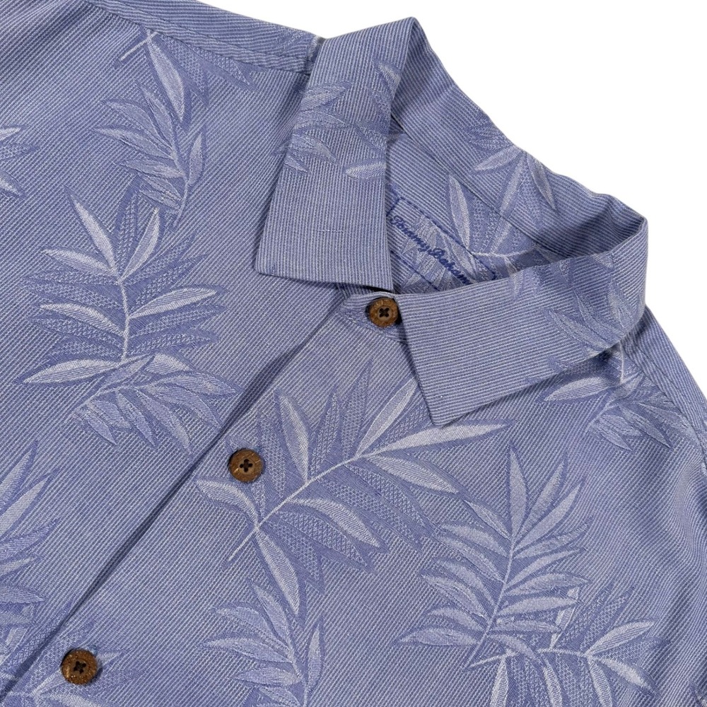 Tommy Bahama Shirt Mens Large Blue Silk Leaf Print Short Sleeve Button Up